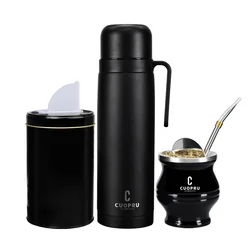 CUOPRU 7 in 1 Yerba Mate Tea Kits, Mate Cup, 33.8 oz Vacuum Bottle, 1000ml Tea Tin, Bombilla(Straw), Tea Filter and Shaving Set