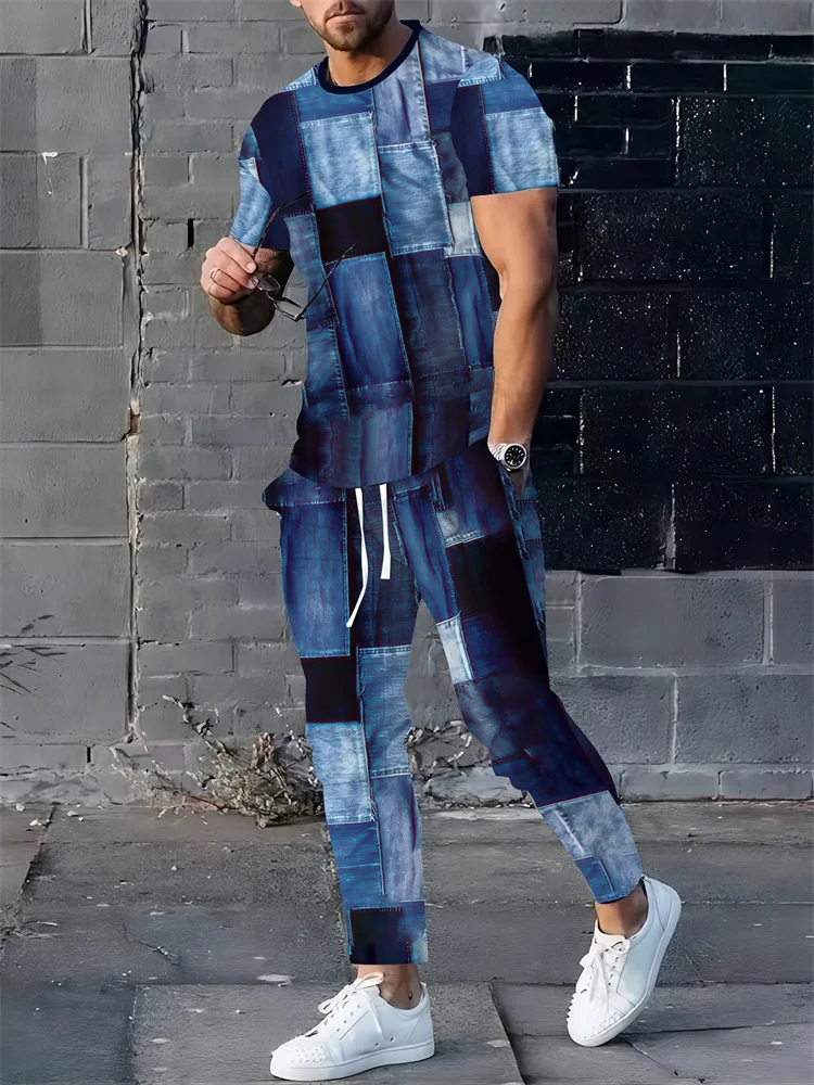 

Autumn Thin Denim 3D Printed Casual Men's Short-sleeved Top And Long Pants, Daily Loose Casual Men's Thin 2pcs Set S-3XL