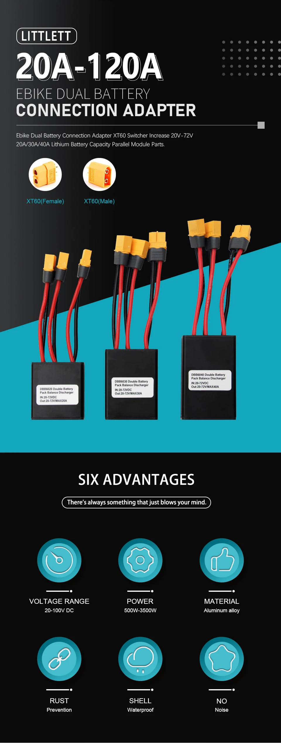 10V-100V 20A-40A 20V-100V 20A-120A XT60/XT90 Stecker Doppel-Akku-Entladekonverter mit Ladekopf Parallelmodul-Adapter – Detail 2