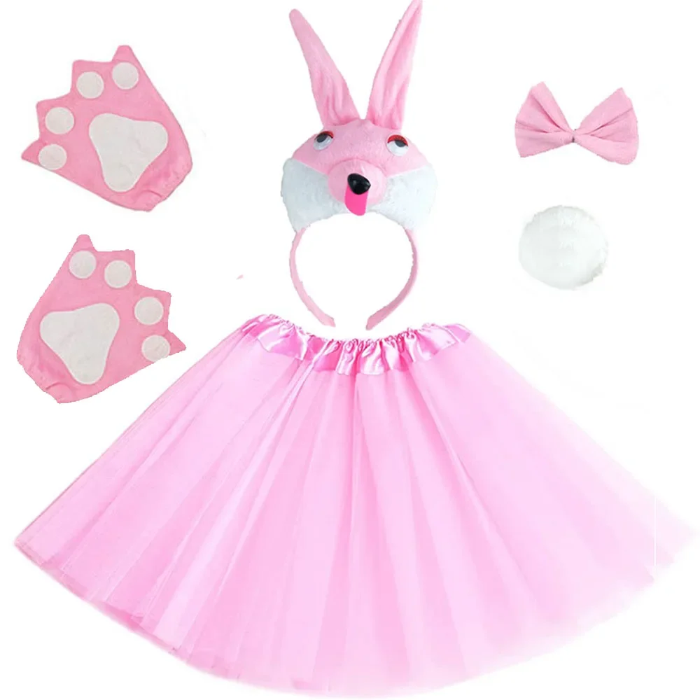 Party Kids Children Girl Women Pink White Rabbit Bunny Animal Costume Headband Skirt Tail Tutu Cosplay Christmas Halloween