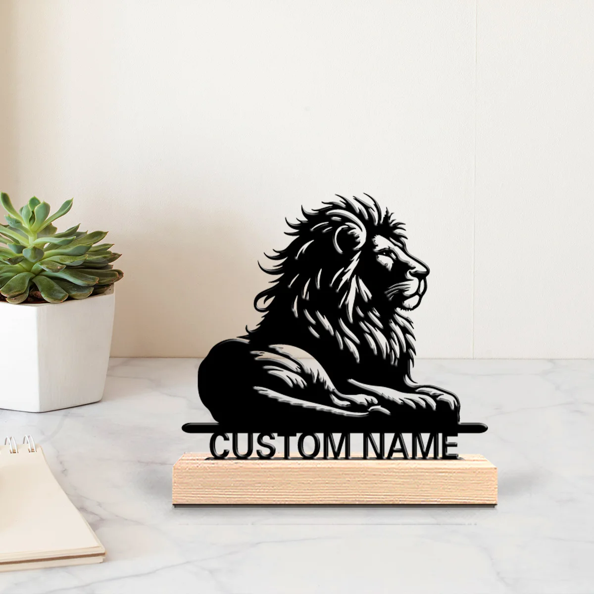 Estatuas de León de Metal personalizadas con estilo, arte de Metal con Base de madera para dormitorio, sala de estar, regalos de decoración de escritorio, 1 ud.