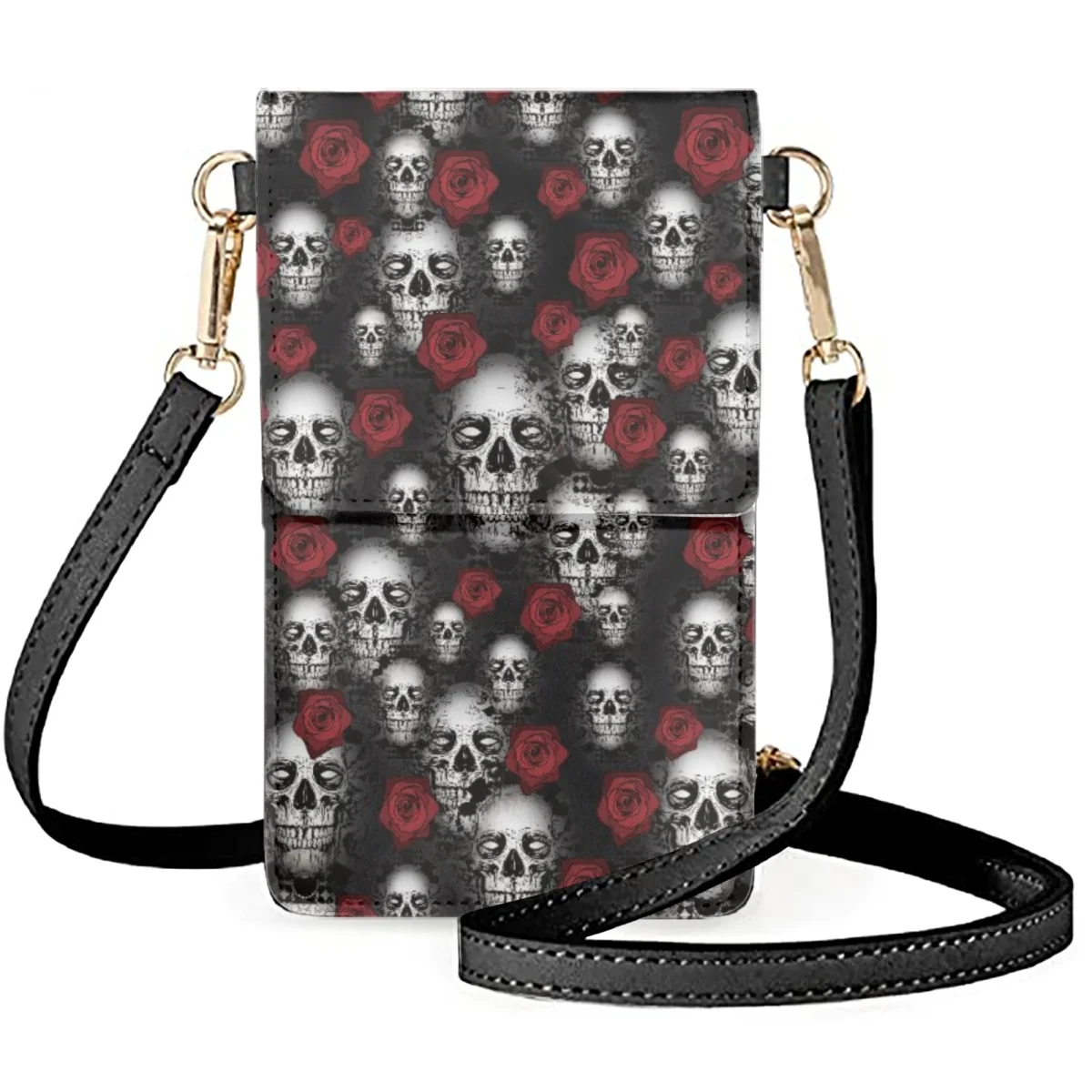 FORUDESIGNS Scary Skulls Roses Lady Cell Phone Bag Trendy Style Flip Mobile Phone Bags Wrist Pack Ladies Cosmetic Organizer