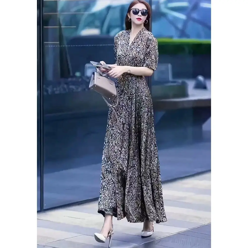 2024 Short Sleeve New Summer Printed Dress with Floral Patterns Waist Cinching Slimming Fashion High Waist arge Swing Long Skirt