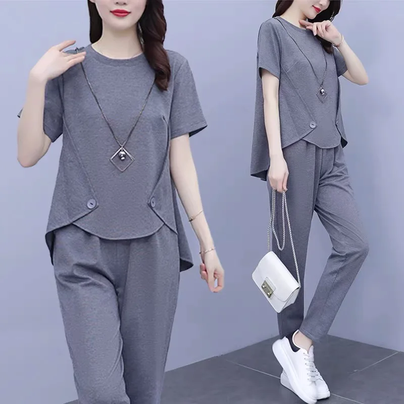 Casual Sportswear Set for Women Summer Clothes plus Size Slimming Short Sleeve Two Piece Suit Age Reducing Body Concealing