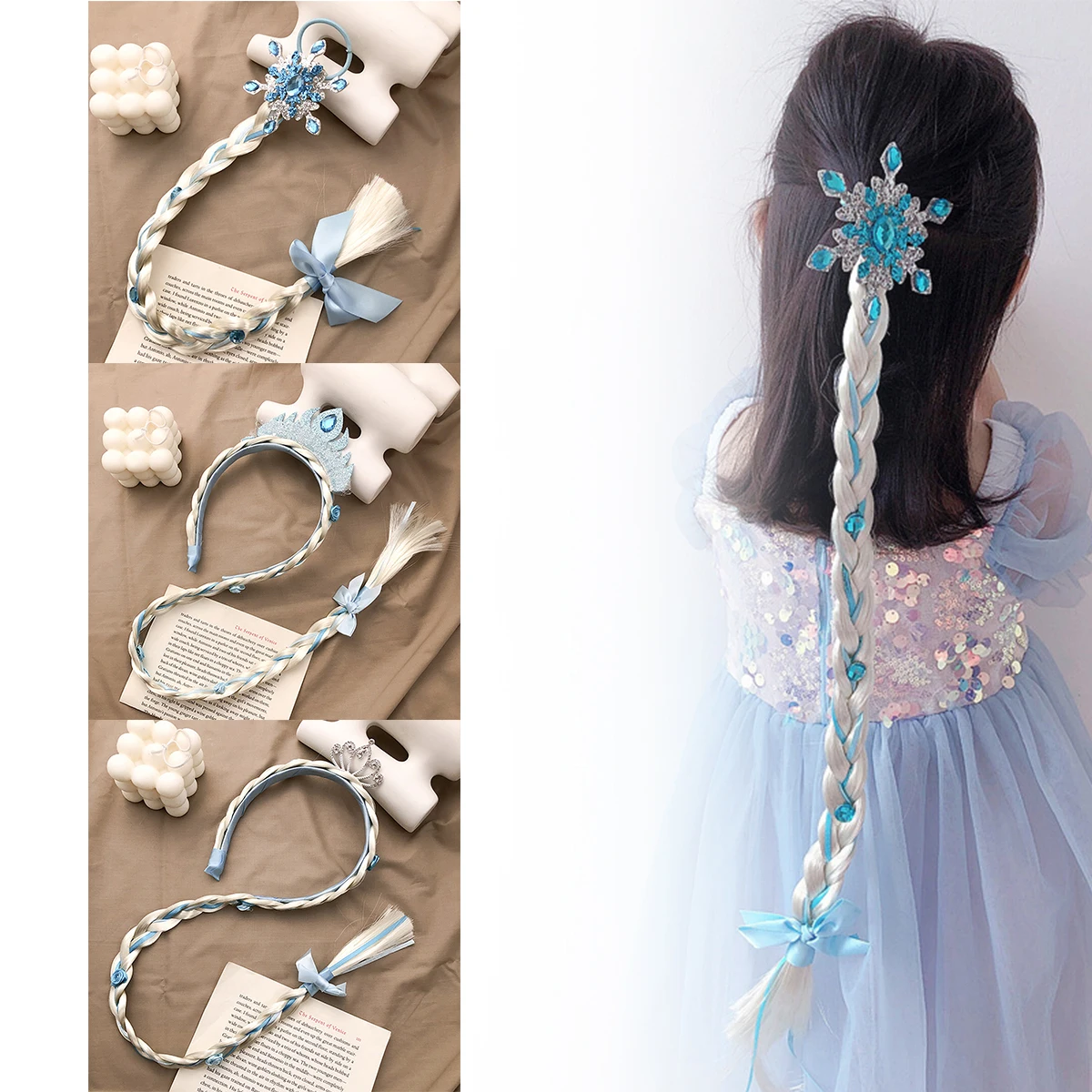 2024 New Colorful Braids with Crown Kids Hair Extension Ponytail with Curly End for Girls Blue Girl Hair Accessories