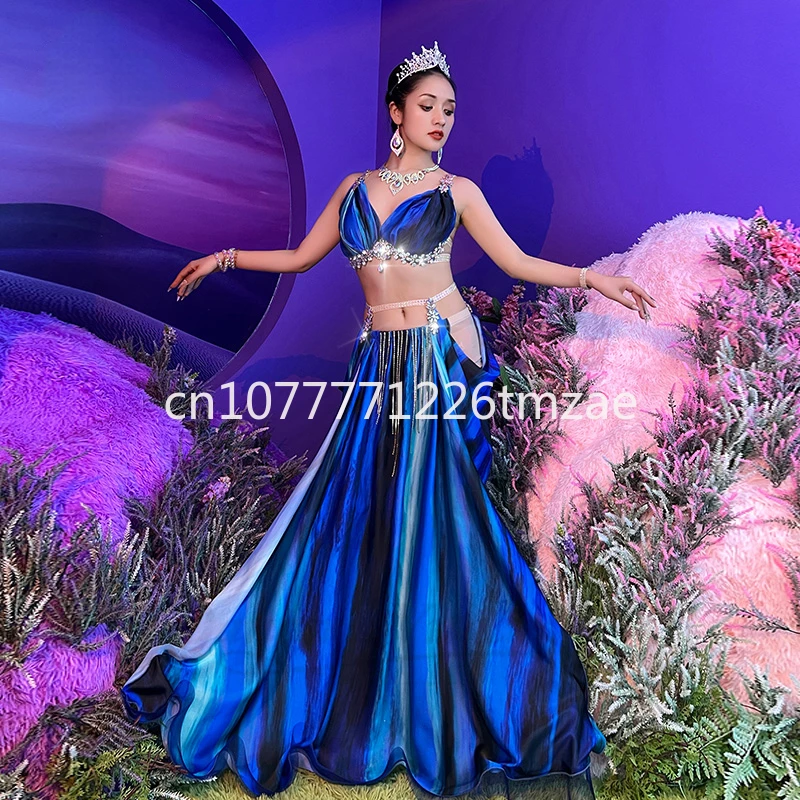 Women's Tie Dye Tassel Competition Suit Bra Canvas Skirt 2 Pieces Belly Dance Stage Wear Suit