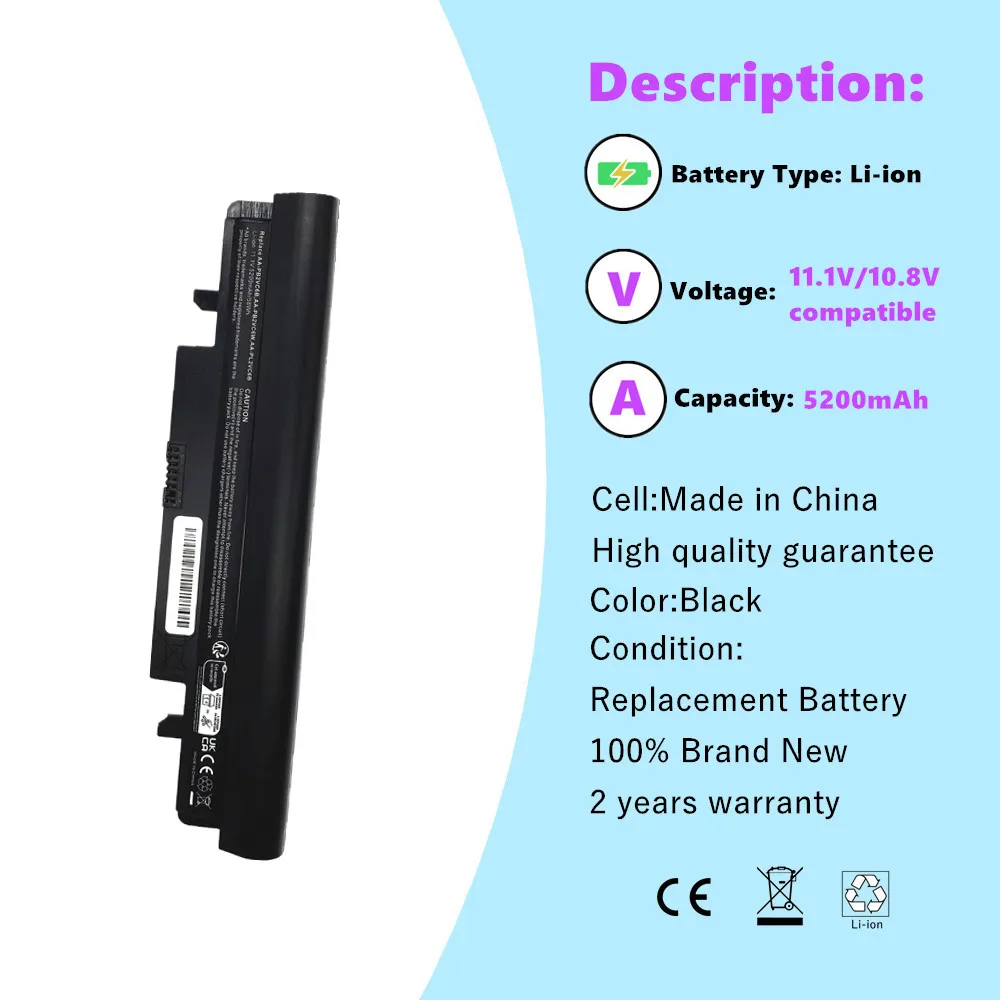 11.1v 4400mAh Laptop Black Battery for Samsung N100 N150 N150P AA-PB2VC3B AA-PB2VC6B AA-PL2VC6W N250 N143 N143P N145