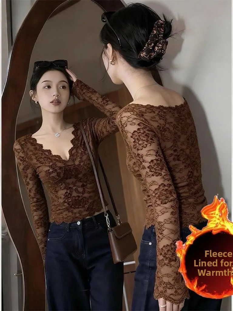 

Ele Hollow out Lace Slimming ort Sve Women's Base Layer Fce Lined V Ne Sexy Sle Faionable Autumn Winter Lac...
