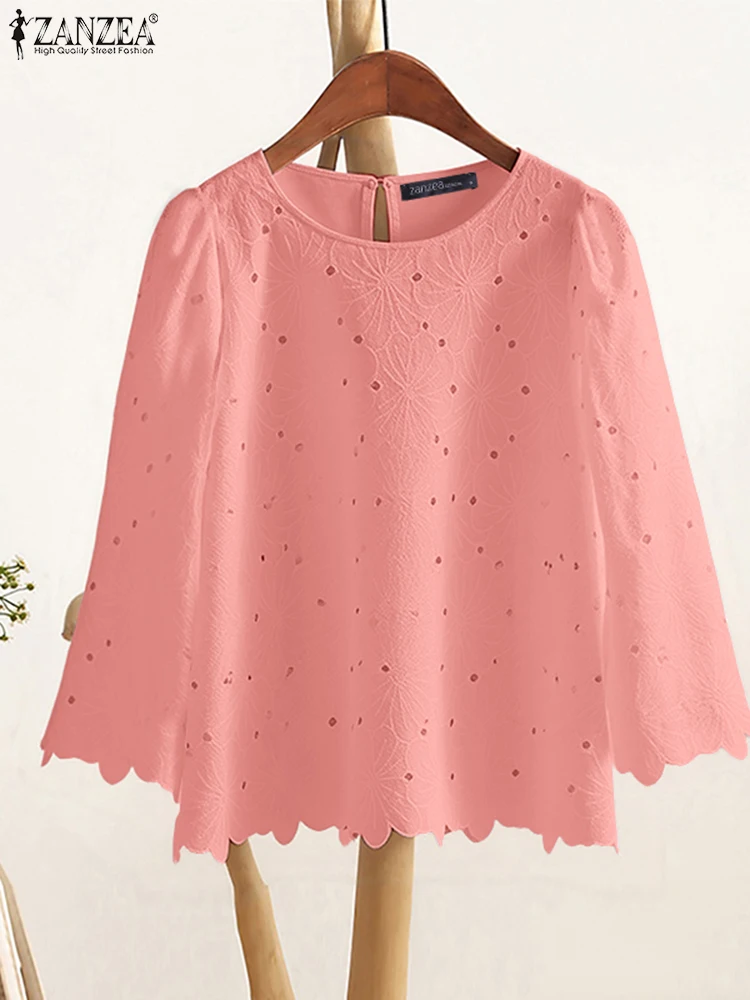 

Openwork Embroidered Elegant Blouses ZANZEA Woman Fall 2025 O-Neck 3/4 Sleeve Patchwork Blusas Mujer Everyday Casual Solid Tops