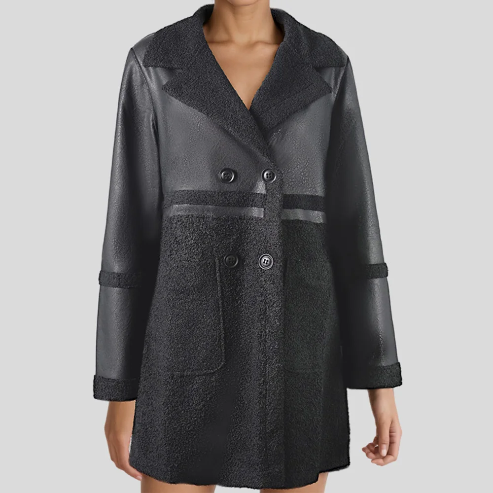 

Medium Length Leather Jacket for Women Splicing Retro Double Sided Wearing Thick Velvet One Piece Coat Autumn Winter New Style