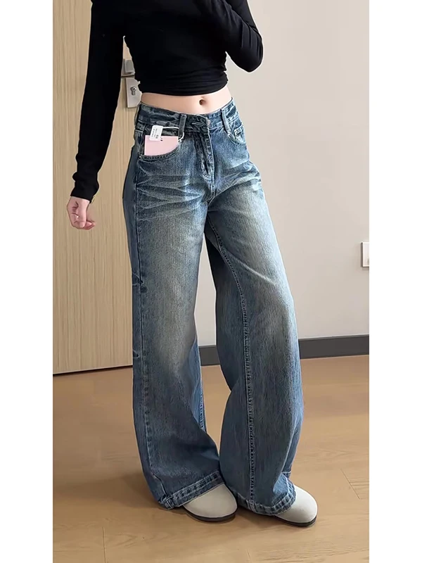 Amerikaanse retro flared jeans dames lente 2026 hoge taille wijde rechte pijp lange lengte esdoornkleurige broek dames jeans