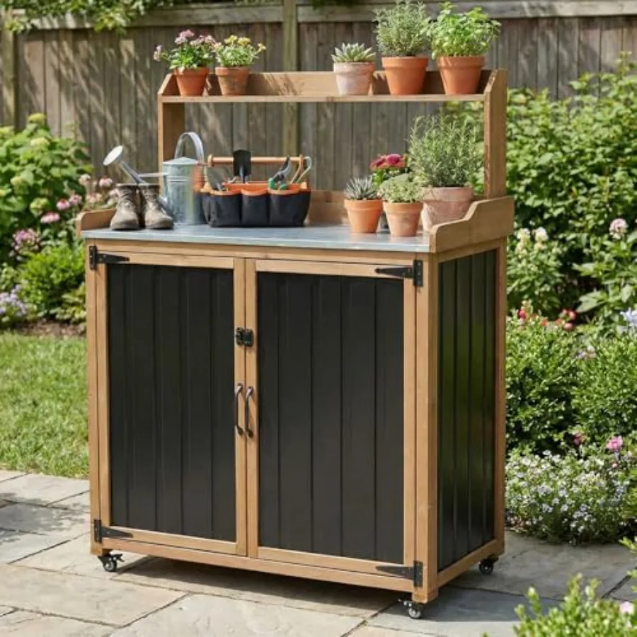 Outdoor Storage Cabinet with 4 Wheels and Handle, Metal and Wood Potting Bench Storage Cabinets with Waterproof Top, Removable