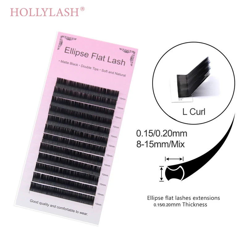 HOLLYLASH 8-15mm&Mix Ellipse Flat Eyelashes Extension C D L DD Curl Matte Black Individual Eyelashes Very Soft Two Split Tips