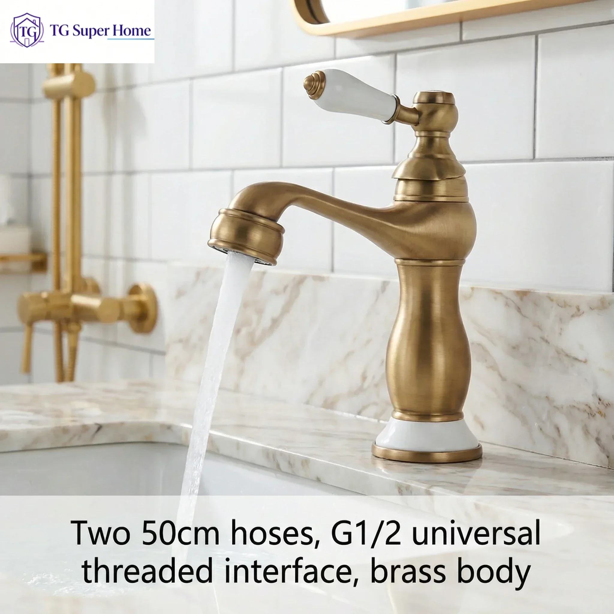 Antique Brushed Bronze Single Handle Bathroom Faucet, Solid Brass Vintage White Ceramic Lever Curved Spout Vanity Basin Tap