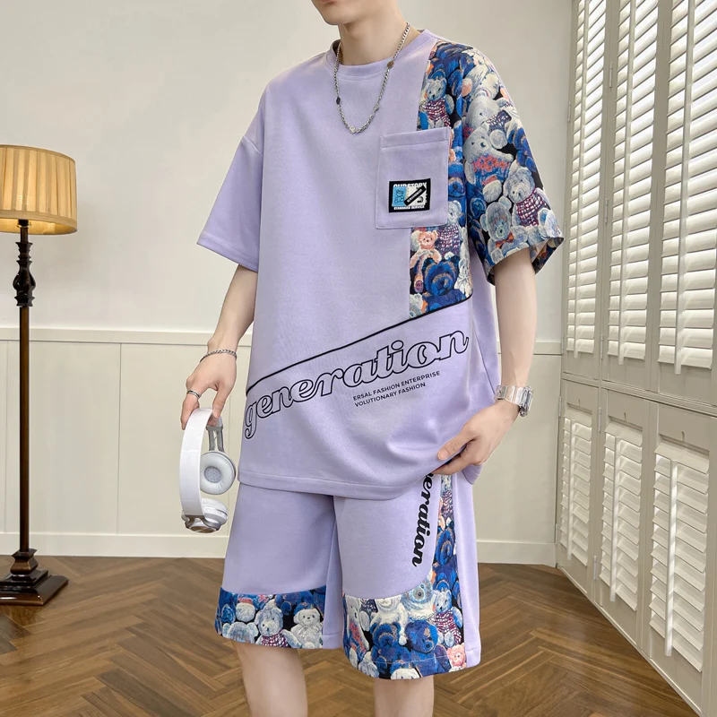 Modne 2024 letnie dresy z krótkim rękawem t-shirt + spodenki 2-częściowe męskie zestawy młodzieżowe odzież sportowa luźny Top koszulka i spodnie do