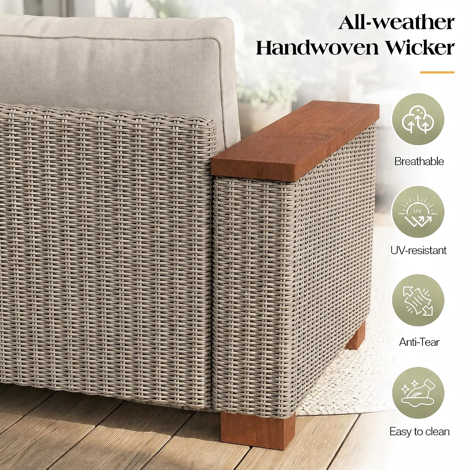 Outdoor Patio Sofa, 3 Seat Wicker Couch with Solid Armrests & Legs, 4.7" Thickened Removable Cushions, UV-Resistant Modular Sofa