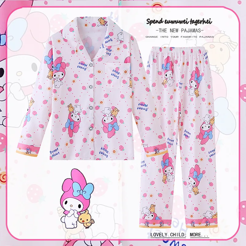 Pyjama à motif Kuromi pour enfants, ensemble haut et pantalon à manches longues, vêtements de détente imprimés cannelle de dessin animé, ensemble confortable et décontracté pour filles, 2 pièces