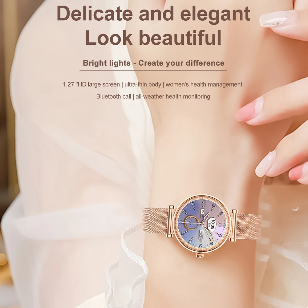 Smartwatch impermeável para mulheres, 1.27 ", chamada de dente azul, freqüência cardíaca, saúde, esportes, luz colorida, música, assistente de voz, senhora