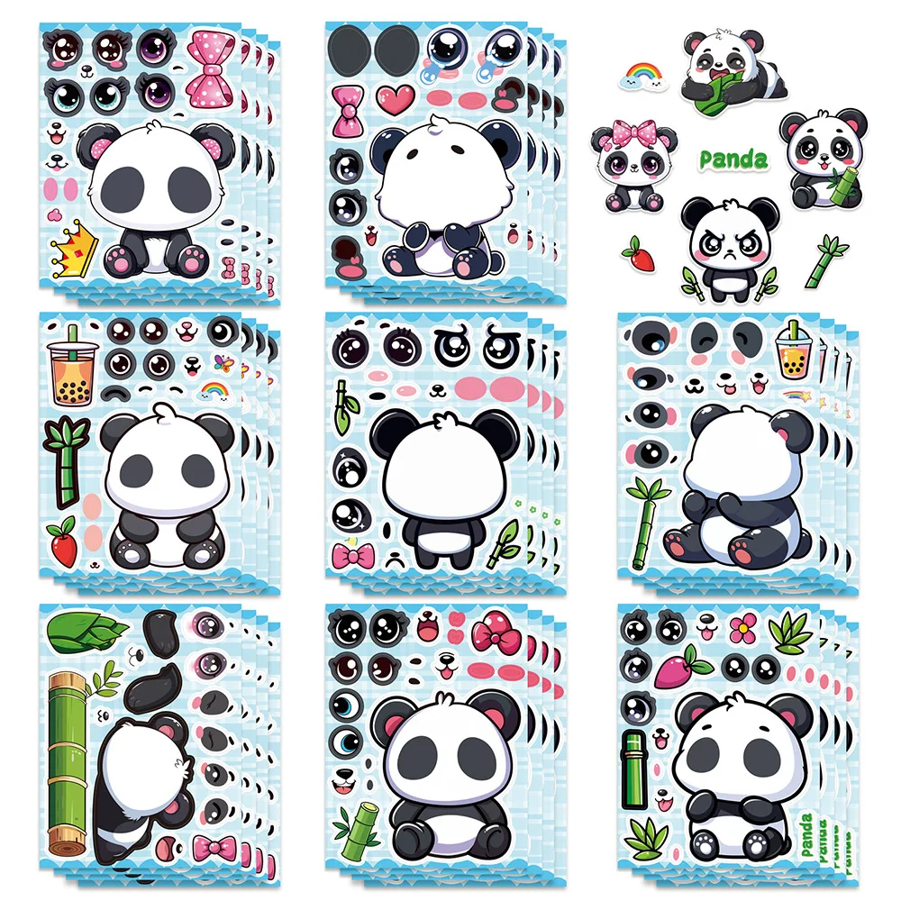 8/16/24 Uds Panda hacer una cara pegatinas de rompecabezas, calcomanías de papelería divertidas de dibujos animados teléfono portátil nevera cuaderno niños pegatinas de decoración DIY
