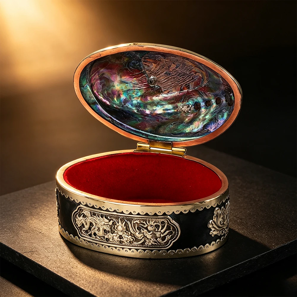 Handmade Vietnamese New Zealand Abalone Shell Jewelry Box Vintage Metal Trinket Case Storage Organizer for Ring Necklace Gift