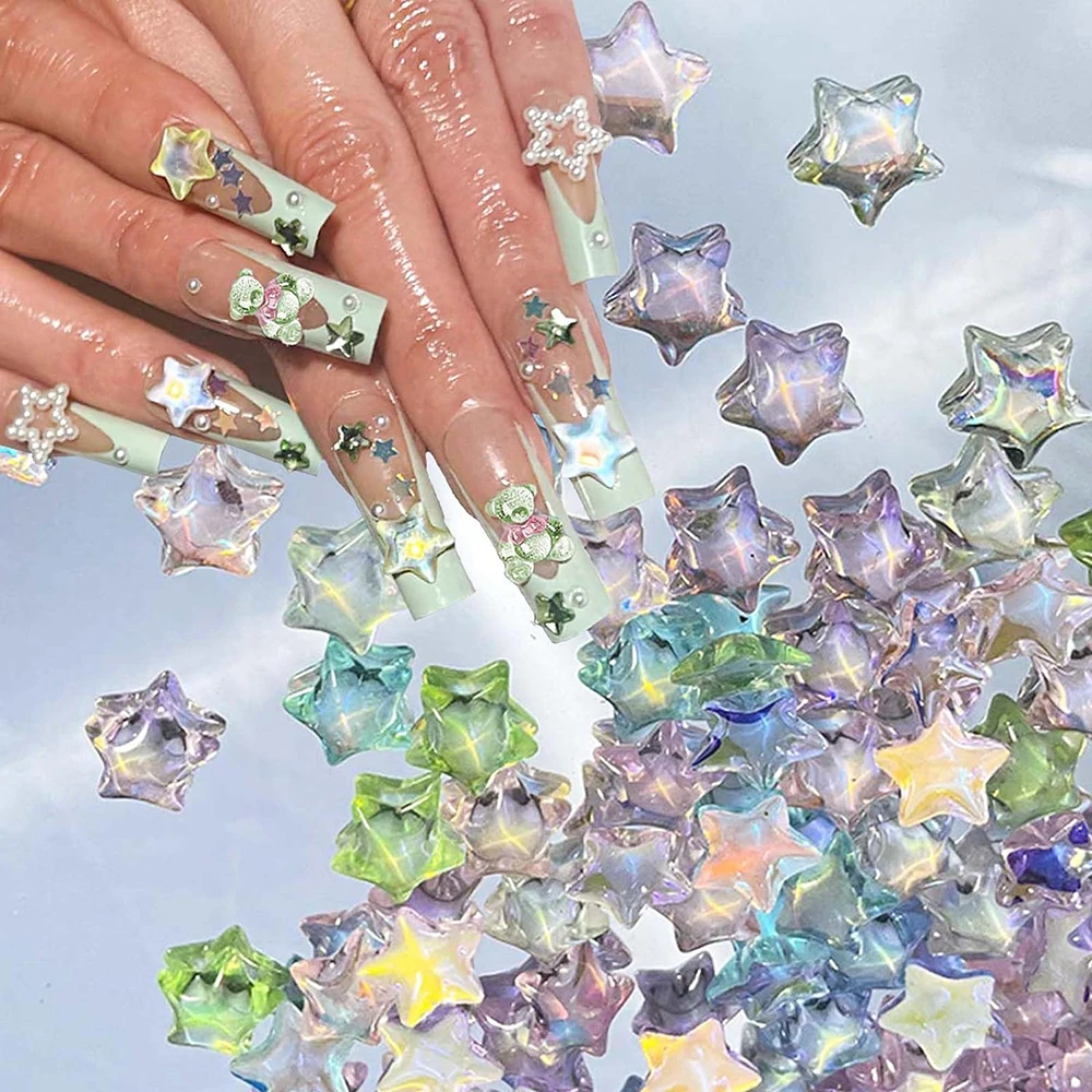 30pcs Star Nail Charms Ice 3D Crystal Stars Nail Art Rhinestones Aurora Ice Resin DIY Manicure Accessories Supplies Y2K Mixed