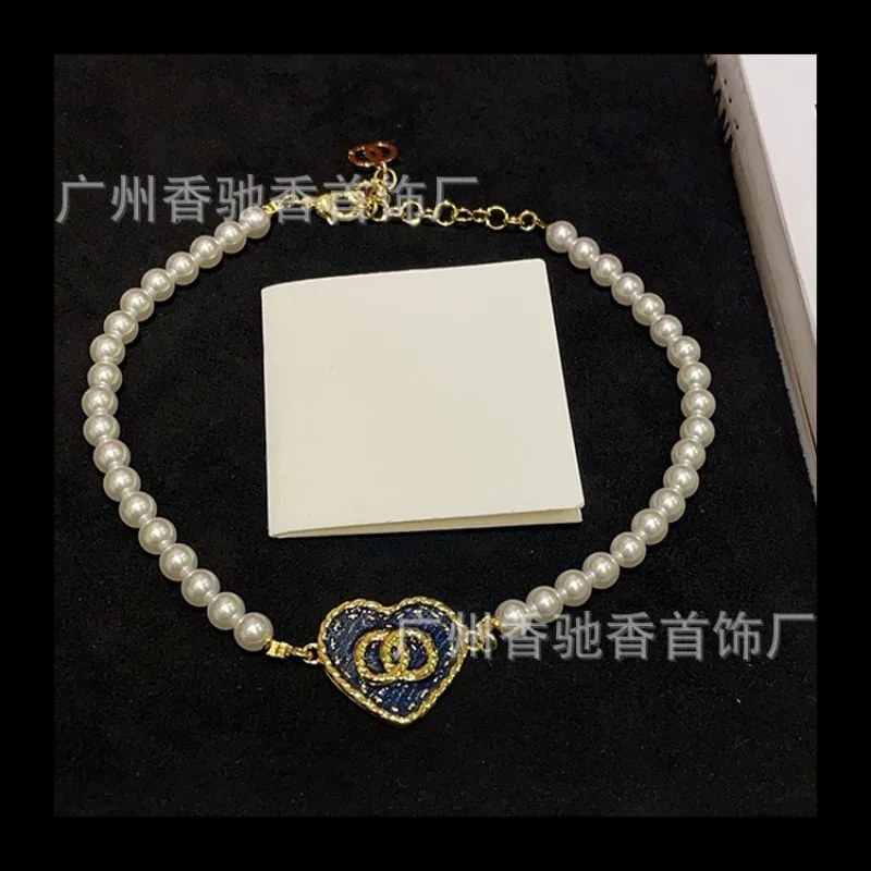 القرون الوسطى Xiaoxiang الدنيم الأزرق الخوخ القلب اللؤلؤ قلادة الكلاسيكية الفرنسية خمر تنوعا سلسلة الترقوة النساء #3