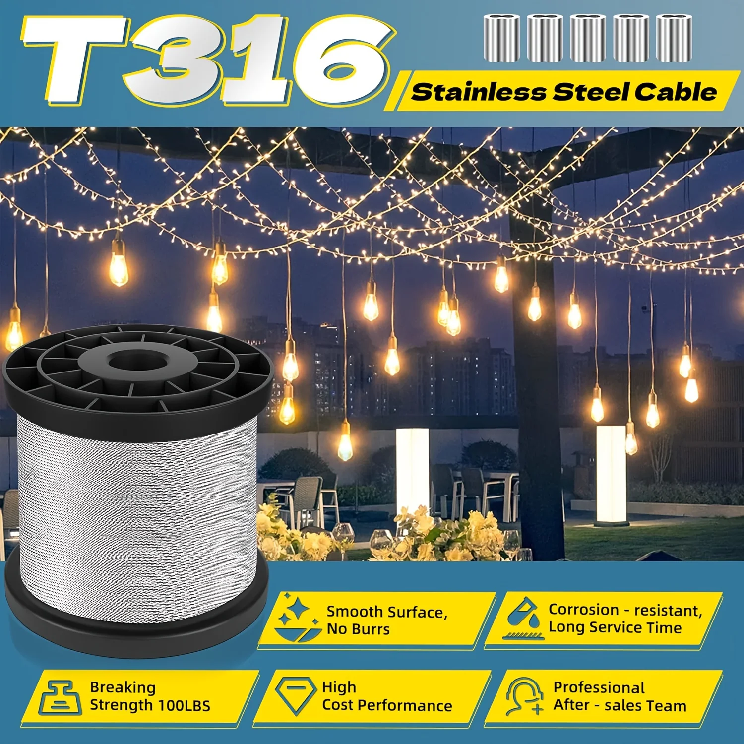 316 Stainless Steel Cable, 50/100/200/400 Feet 1/ 32inch Wire Rope with Aluminum Sleeves for Hanging String Lights, Hangers, Trellis Lines