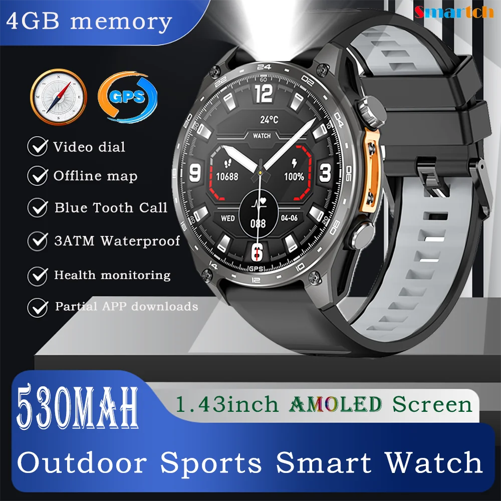 

AMOLED Screen Smart Watch GPS Sports App Download 4GB Memory Offline Map Waterproof MP3 MP4 LED Lighting Blue Tooth Smartwatch