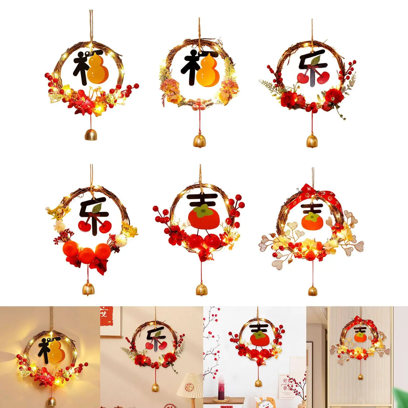 Pre Lit Chinese New Year Wreath Front Door Wreath for Home Office Festival