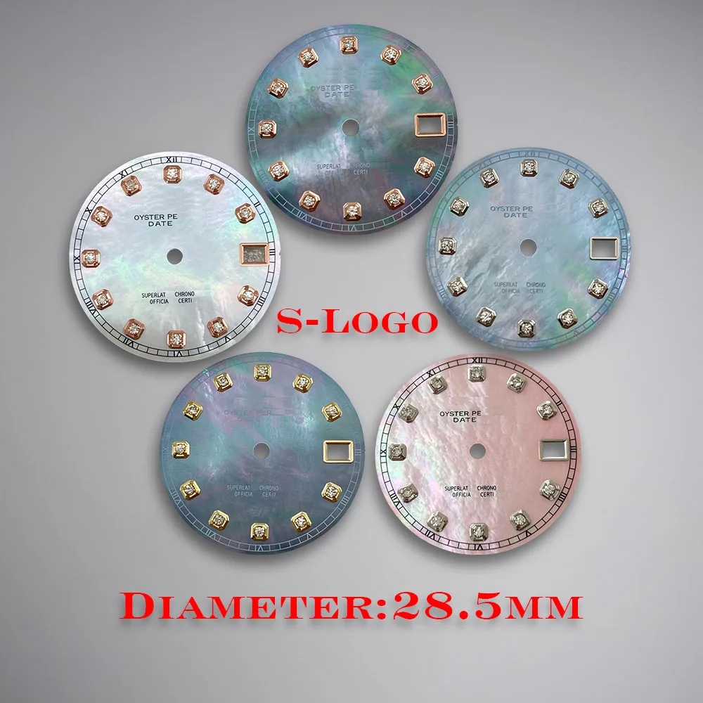 28.5mm S Logo NH35 high-quality Diamonds Mother pearl Dial For NH36 Movement No Luminous Watch  Accessories Repair tools ﻿ ﻿﻿ ﻿