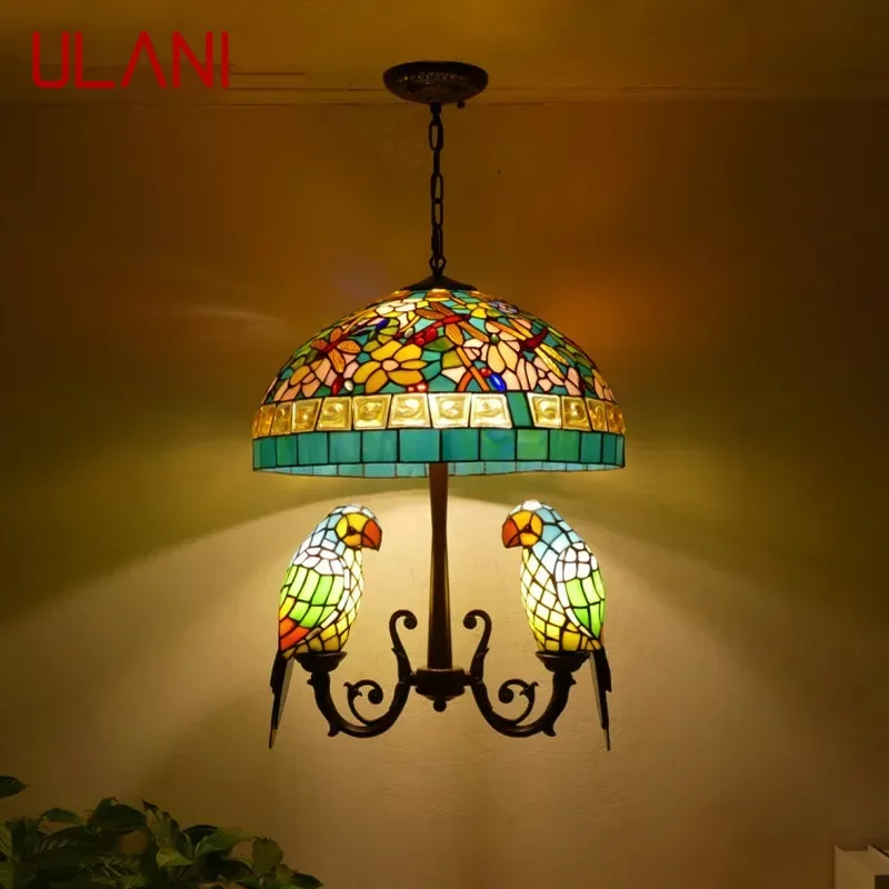 ULANI Tiffany Parrot Chandelier Vintage Creative Color Glass Living Room restaurant Bedroom Hotel Corridor Pendant Lamp