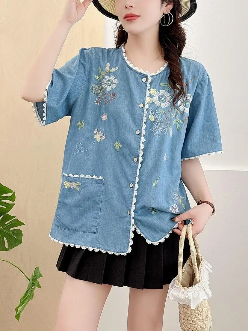 New 2025 Summer Short Sleeve Denim Shirt, Women Turn-down Collar Embroidery, Mori Girl Retro Sweet Casual Loose Blouse T57479CC