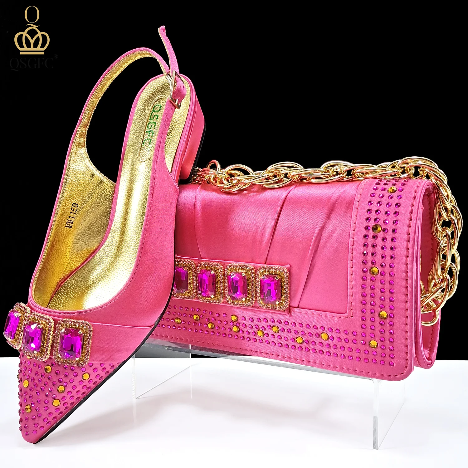 QSGFC 2024 Shiny Italian Fashion Pointed Toe Women Heel Fashion Rhinestone Decoration Fuchsia Color Shoes And Bag Set