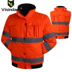 Men's Winter Hi Vis Safety Jacket Waterproof Jacket With Removable Sleeves Reflective Workwear