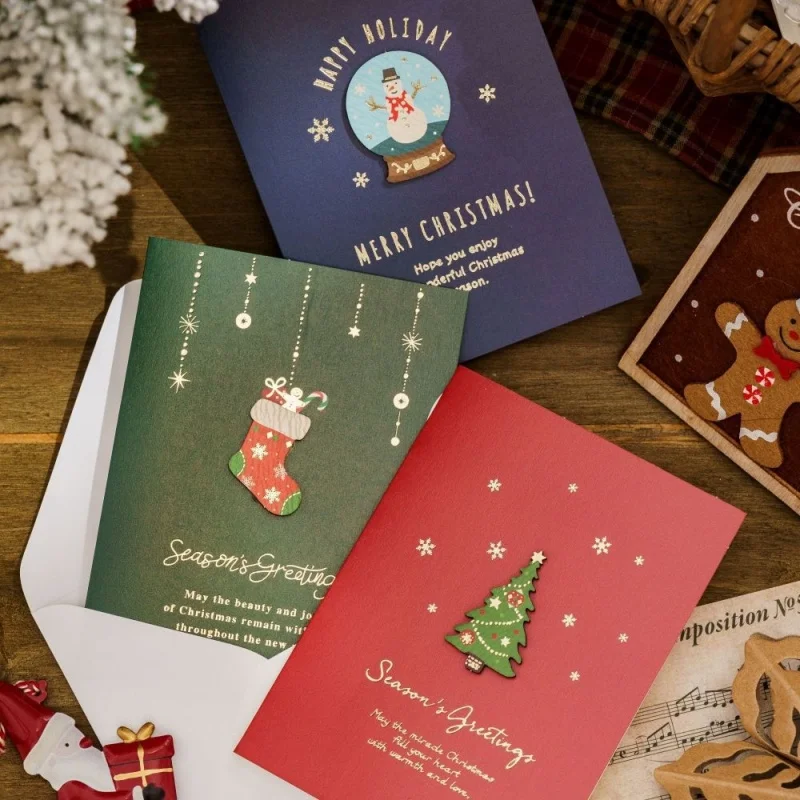 1PCS Christmas Retro Folding Greeting Cards Holiday Greetings Handwritten Cards Navidad New Year Party Holiday DIY Decoration