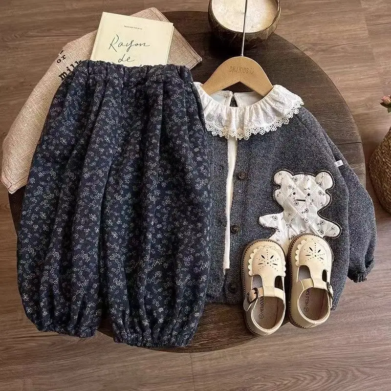 Girls Set Spring Autumn Children's Knitted Cardigan Long Sleeve T-shirt Floral Pants Three-piece Set Kids Clothing 4
