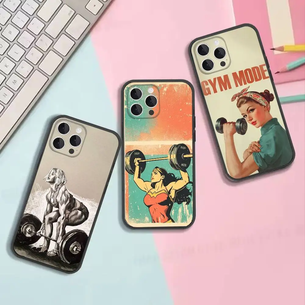 Female fitness pattern Shockproof Soft Black Cell Phone Cover, Fit for iPhone 11,12,13,14,15,16,17,Pro,Max,Plus,X,XS,SE4,Mini