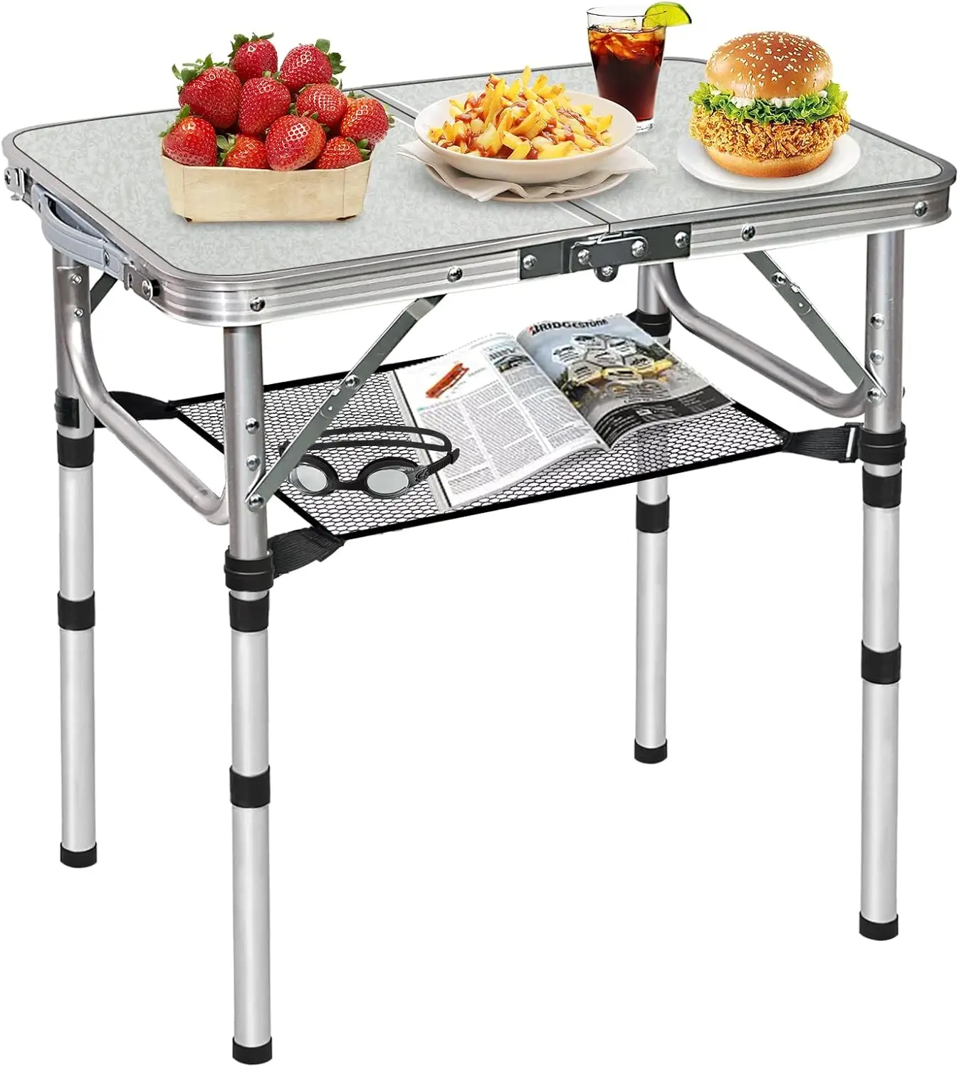 Small Folding Table Adjustable 2Ft Portable Camping Table,Outdoor Folding Table with Net Mesh White Metal for Patio BBQ