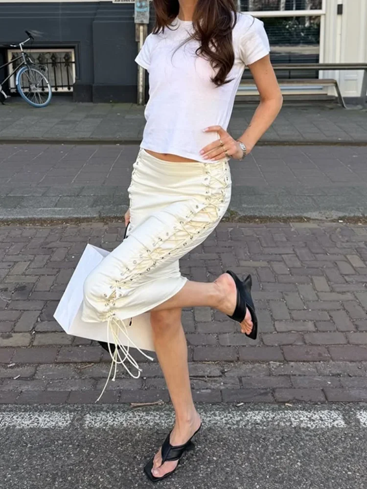 Damen Doppelseitiger Schnür-Midirock mit Metallösen und Überkreuzbändern, figurbetonter Bleistiftrock, schmal geschnitten, hohe Taille, Streetwear, Wadenlanger Rock – Detail 5
