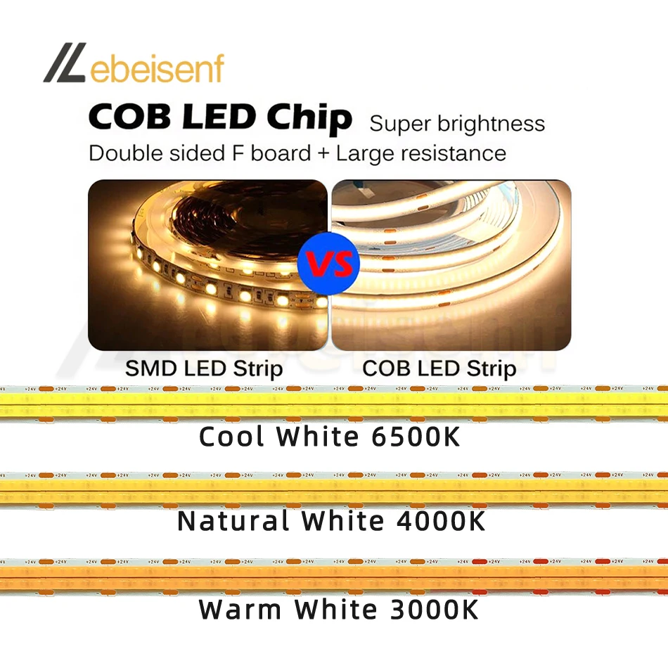 Dual Row COB LED Strip Light 24V DC Low Voltage High Density 600LEDs/M Natural Cold Warm White Flexible Tape Bar Lamp Ribbon 10m