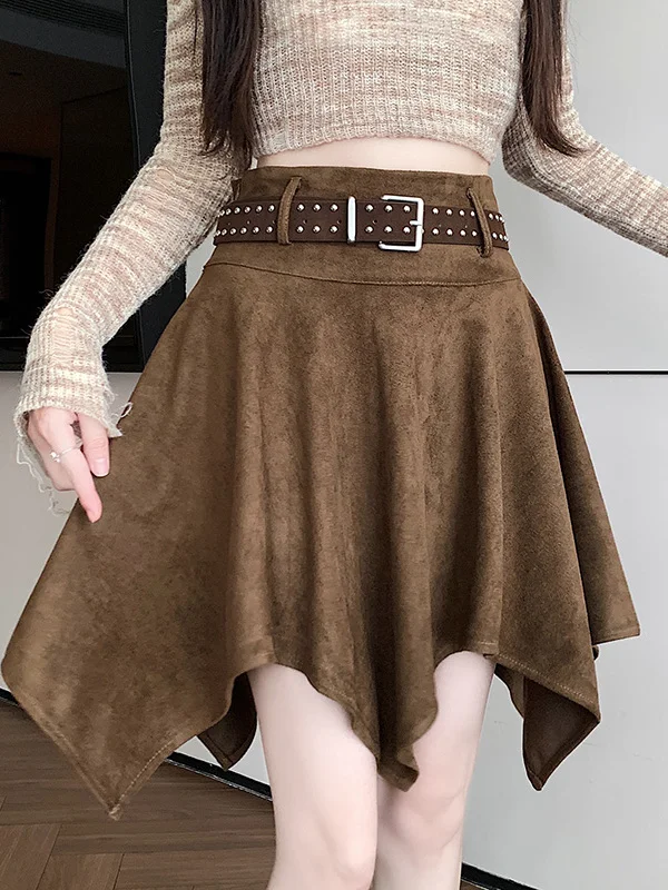High Waist Suede  Skirt Women's Early Autumn New Style Vintage Irregular A-Line Umbrella Skirt Slimming Trendy Skirt