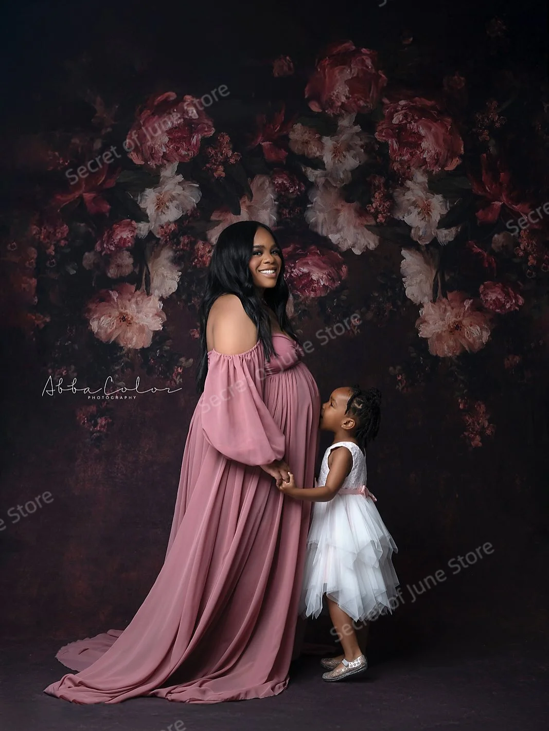 控えめなローズピンクのマタニティドレス恋人長袖イブニングドレス写真撮影用エレガントなカスタマイズされた妊婦ドレス