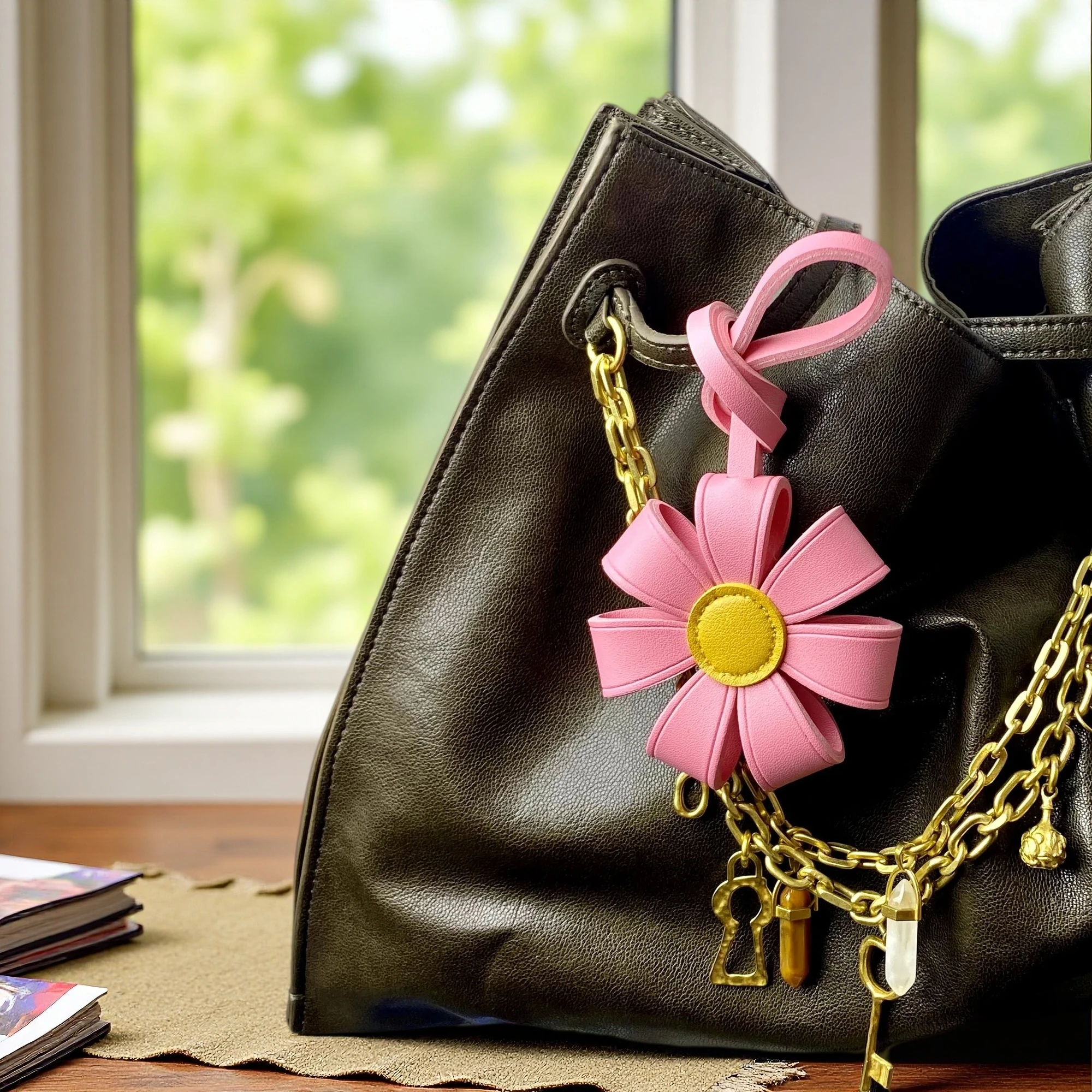 Thick PU Leather Sunflower Keychain Bag Charm,Chunky Floral Bag Charm with Healing Cute Design for Purses and Backpacks-Boho/Y2K - view 4