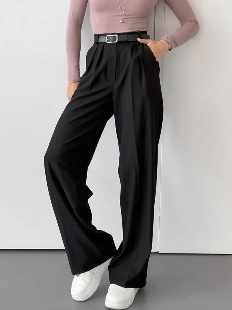 Elegant Office Pants Women High Wasit Straight Wide Leg Long Pants 2024 Autumn Winter Korean Style Loose Grey Suit Trousers