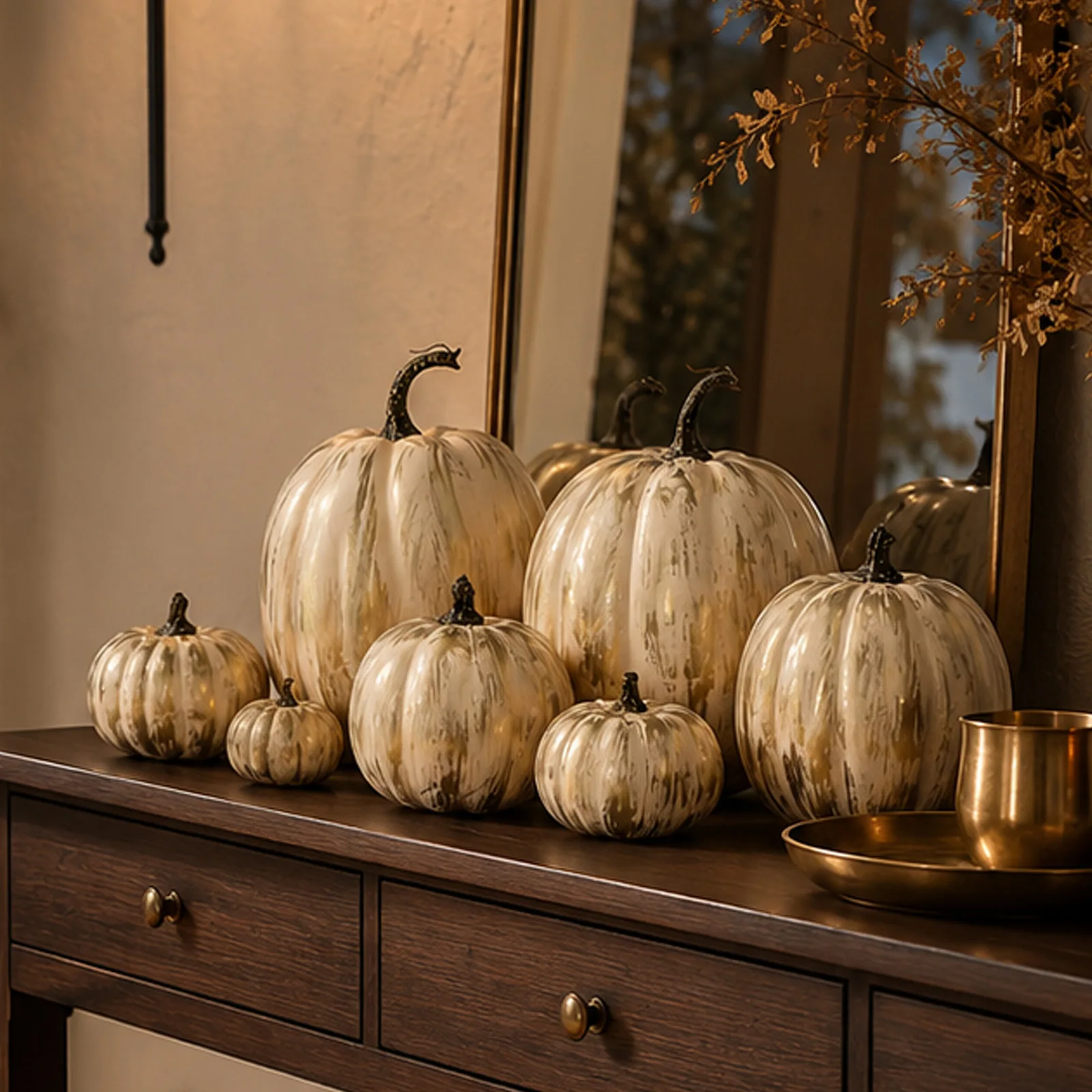 Gold Brush Foam Pumpkins with Distressed Finish for Table Mantel Shelf Tiered Tray Rustic Modern Home Decor Styling