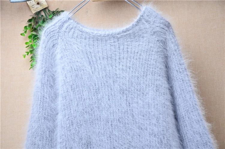 Heavy Thick Female Women Autumn Winter Clothing Hairy Angora Rabbit Hair Knitted O-Neck Long Sleeves Loose Long Sweater Dress