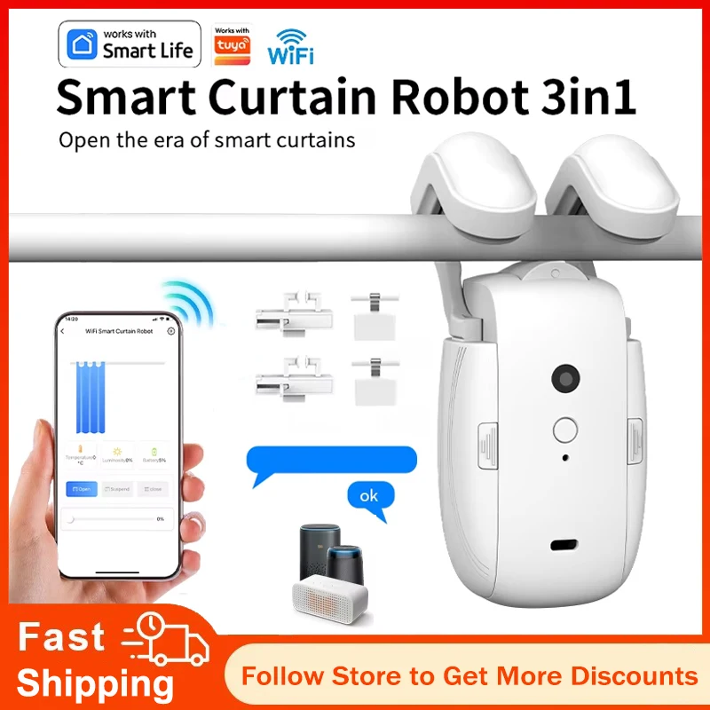 

Tuya Smart Wi-Fi Curtain Controller No Installation Required App Control with Timer And Light Sensor Compatible with Roman Rod