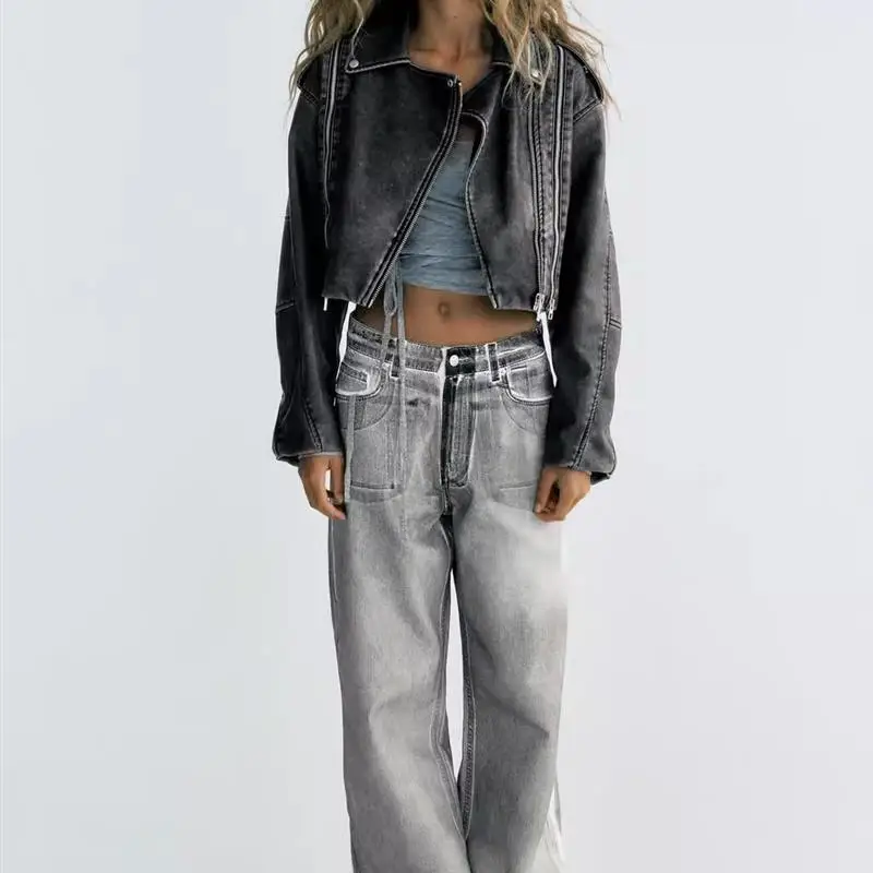 ヴィンテージレザーバイカージャケットショートスタイルフェイクレザーオートバイコートハイウエストデザインポリエステル繊維長袖ジッパー開閉