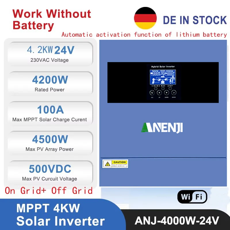 4.2KW 24V Hybrid Solar Inverter 230V MPPT Photovoltaic On/Off Grid Inverter 100A Solar Charge Controller PV 500V for Solar Panel
