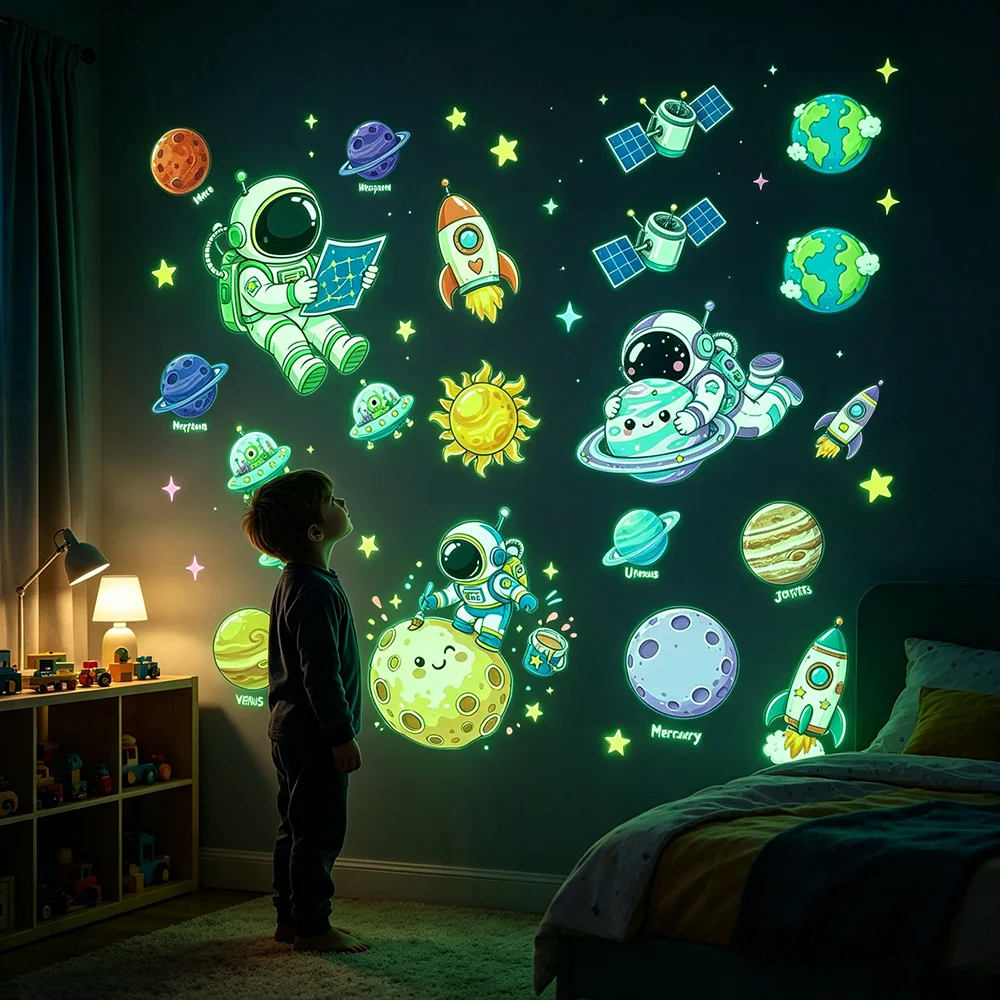 Glow in The Dark Space Themed Wall Stickers Stars Astronauts For Children's Room Luminous Wall Decals DIY Kids Room Decor
